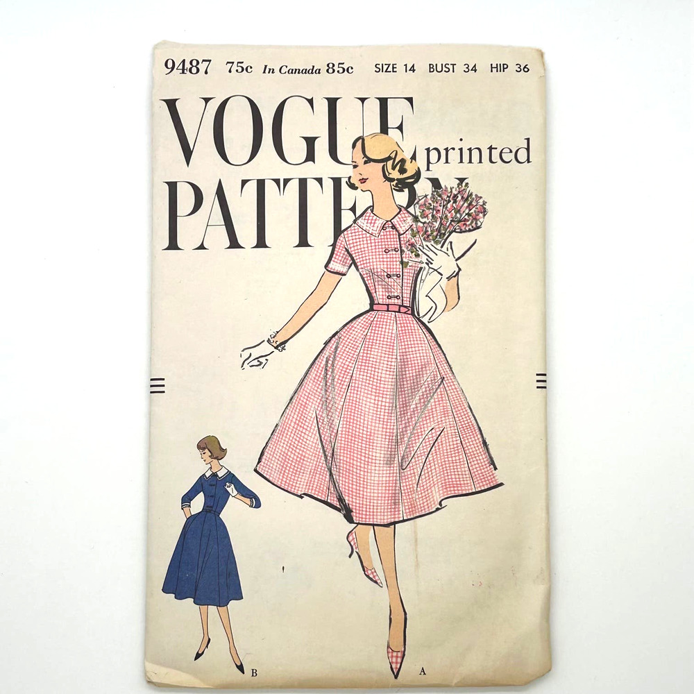 Vogue Vintage 1950's Pattern #9487 Women's Button Front Flare Dress Size 14